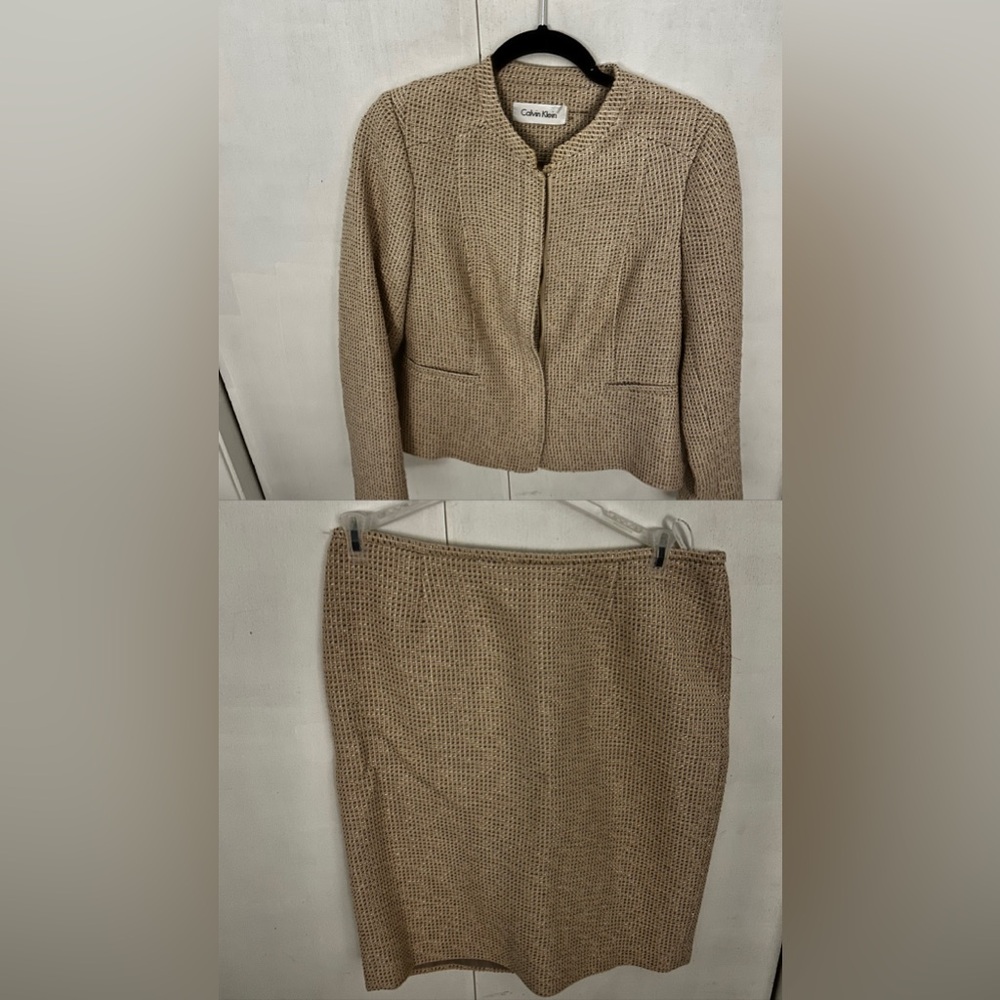 beige Calvin Klein tweed boucle blazer and matching skirt set